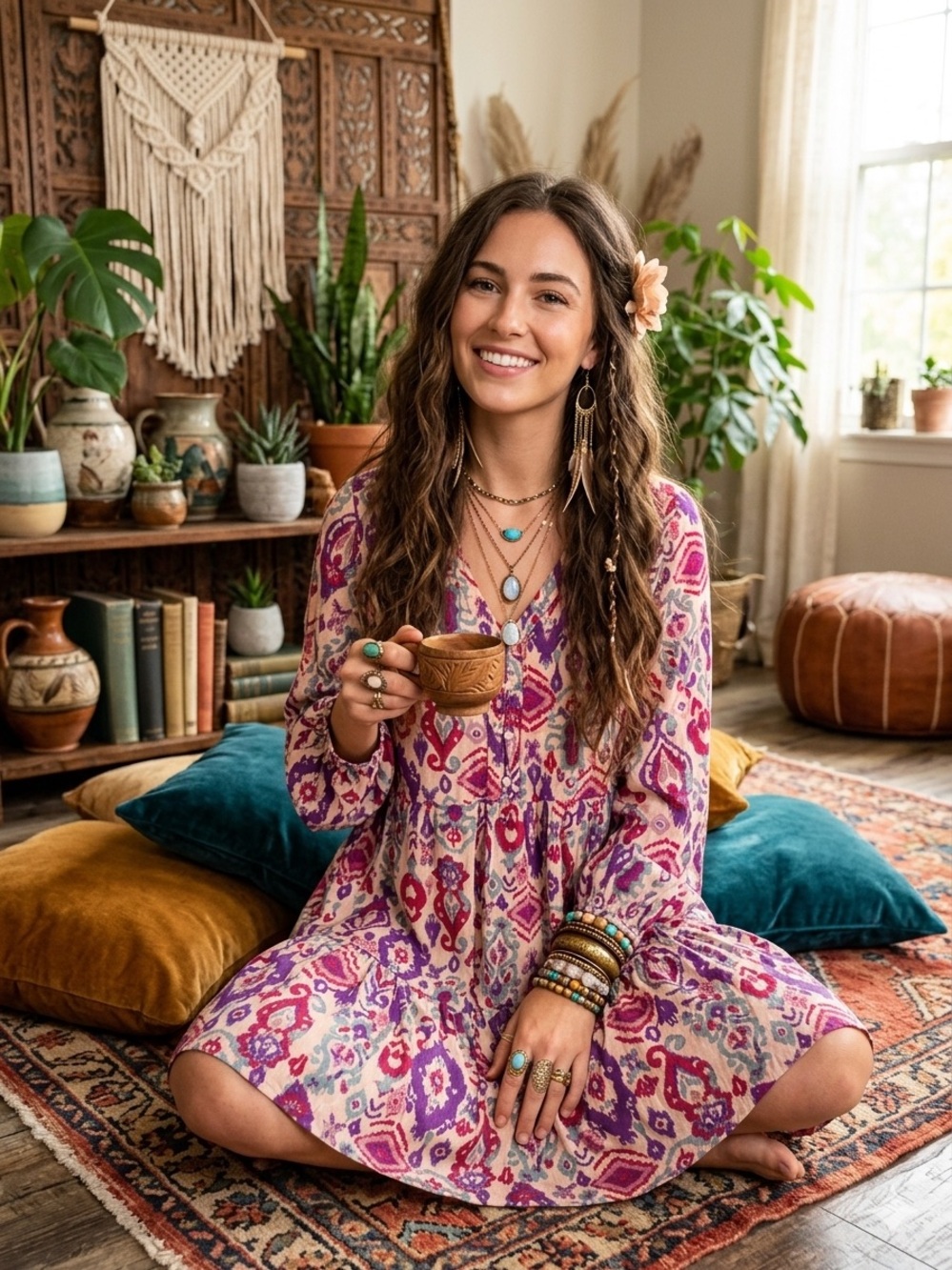 Beach Lunch Lounge Boho Ikat Tiered Mini Dress Pink Purple XS